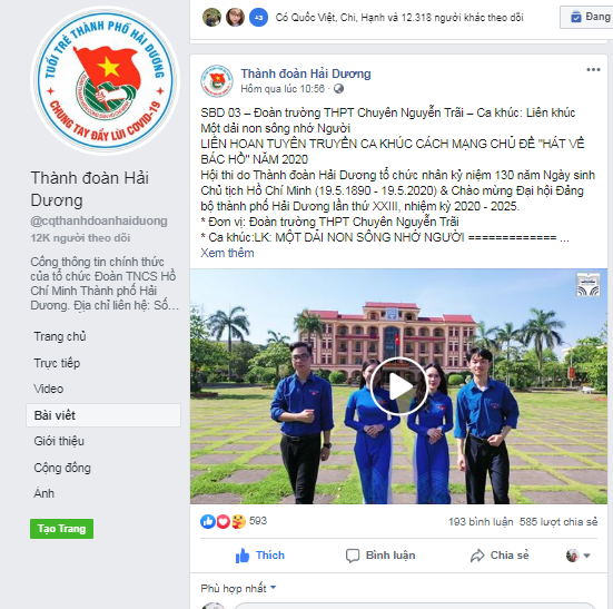 Hình ảnh bài đăng trên fanpage Thành Đoàn Hải Dương